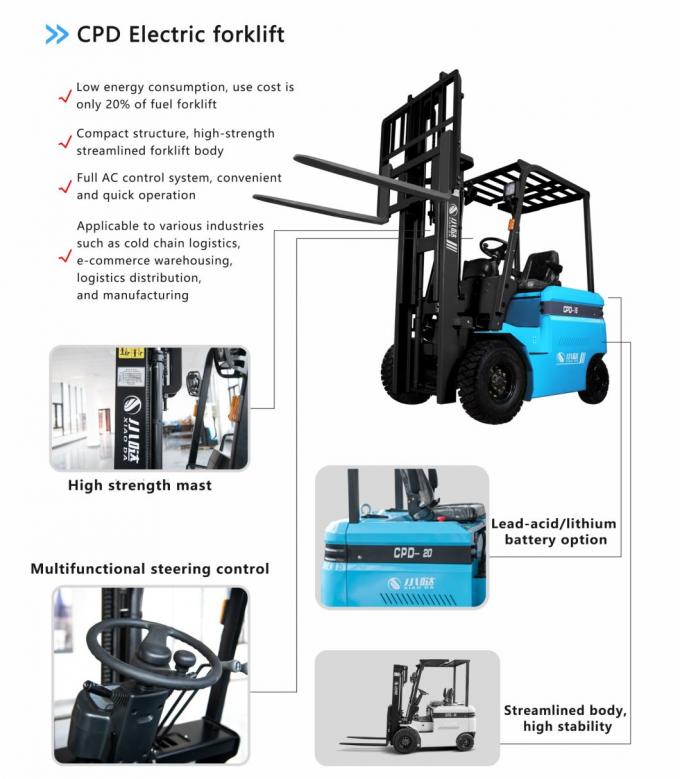 Eco Friendly Electric Ride On Forklift چرخ های الکتریکی فورتکلیفت، 3 تن فورتکلیفت الکتریکی ارتفاع 3000 میلی متر 0